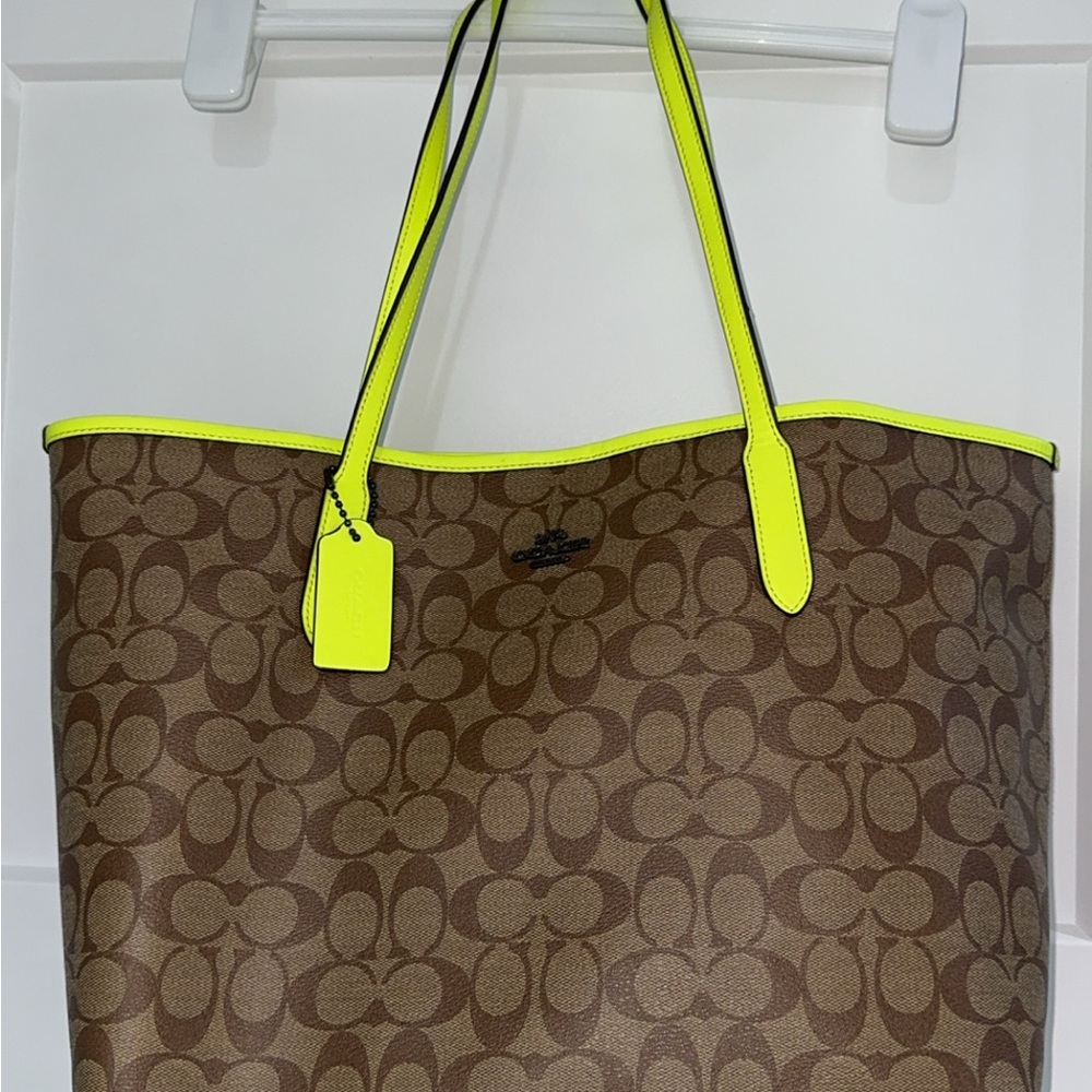 Coach Brown Tote with Neon Yellow Accents
